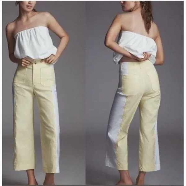 Anthropologie Maeve The Colette Cropped Wide Leg Pant Yellow Linen Size 34 NEW - Image 10