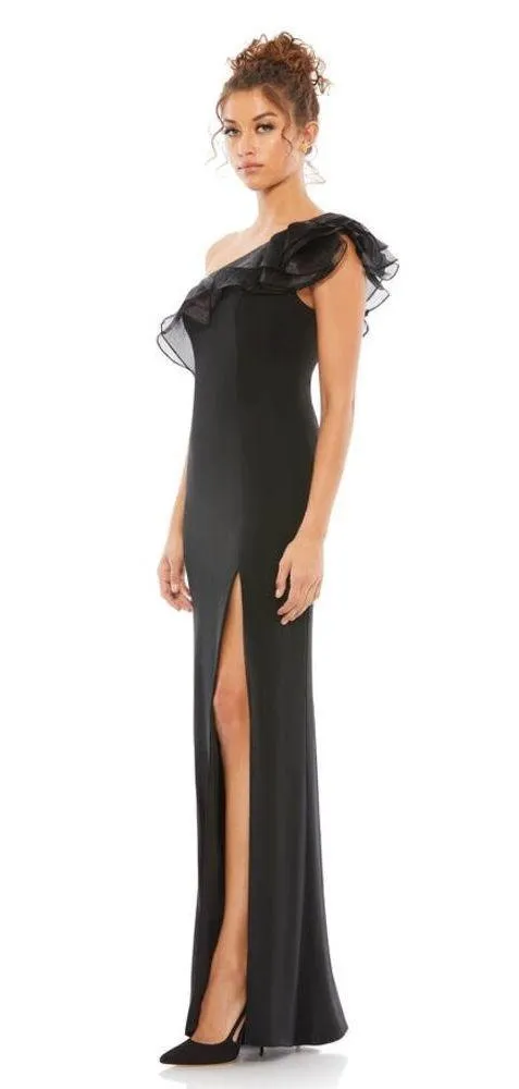 Mac Duggal Black High Slit One Shoulder Ruffle Evening Gown Size 4 $398 26372 - Image 2