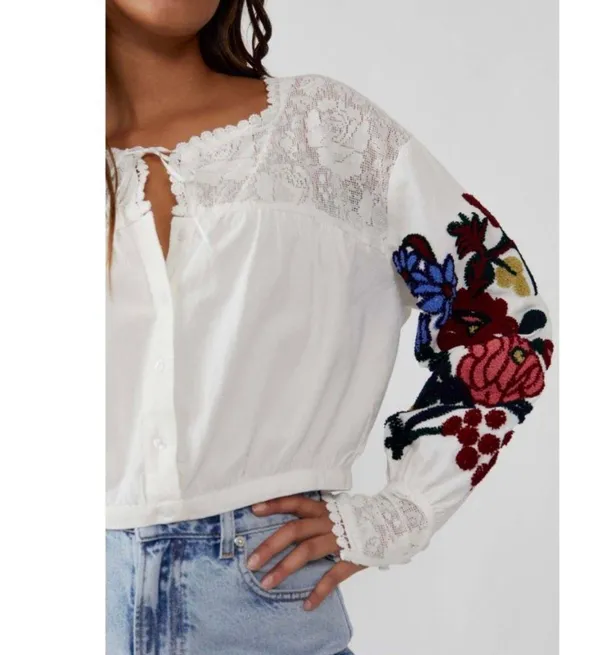 Free People Meadows Floral Embroidered Crop Blouse - Image 4