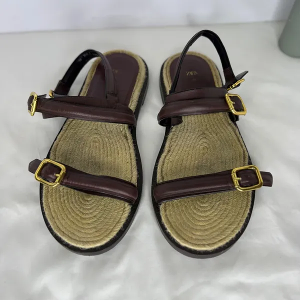 Zara Burgundy Leather Jute‎ Buckle Strappy Flat Sandals Shoes Womens 39 8.5 - Image 4