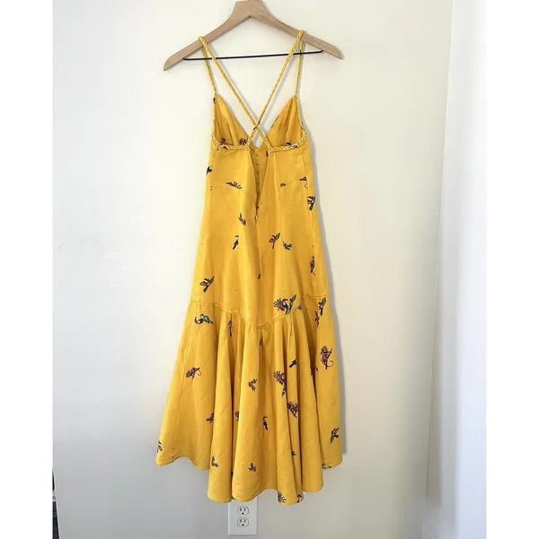 Farm Rio 100% Linen Jungle Tucanos Button Midi Yellow Embroidered Dress Sz XS - Image 9