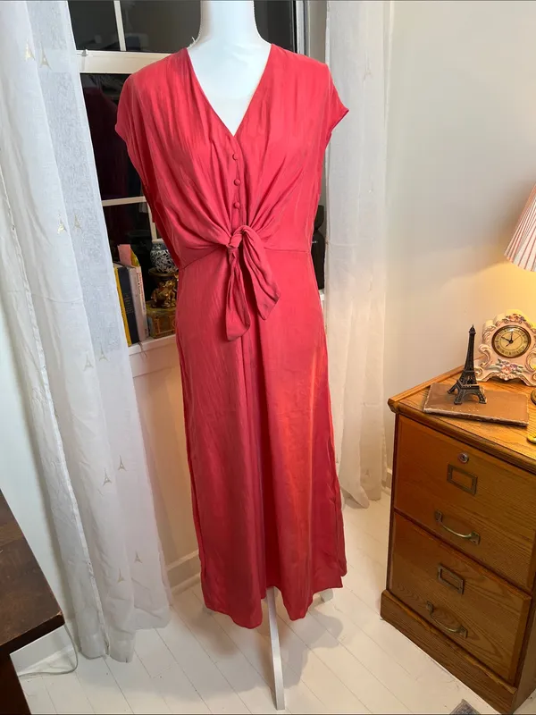 Mango Coral-Red Tie-Waist V-Neck Maxi Dress size 10. - Image 2