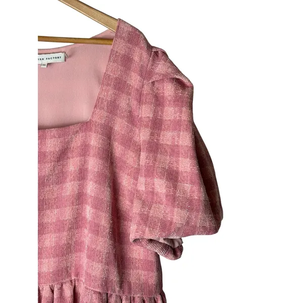 English Factory‎ Gingham Babydoll Dress Women 3X Pink Puff Sleeve Tiered Boho - Image 5