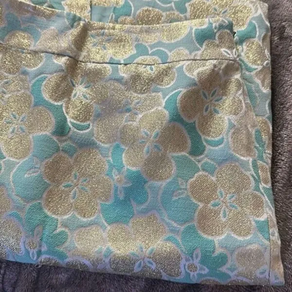 Antonio Melanie Pencil Skirt Women's Size 0 Teal Gold Floral Brocade - Image 7