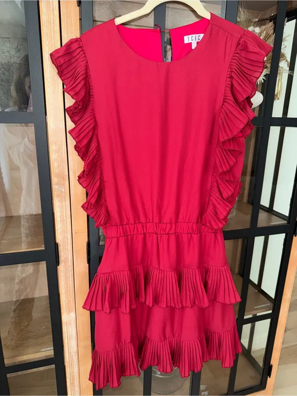 Shop The Mint TCEC Crimson ruffle tiered mini dress maroon a&m alabama pleated short sleeve - Image 7