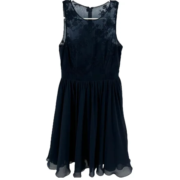 Azazie Floral Fit & Flare Dress Lace Illusion Chiffon Sweetheart Navy Medium - Image 2