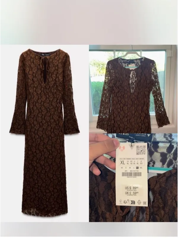 Zara Brown Lace Long-Sleeve Midi Dress - Image 2