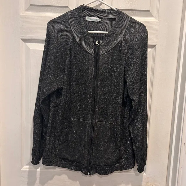 Lulu-B Womens Black White Marled Full Zip Mock Neck Cotton Sweater Large Natural - Image 2