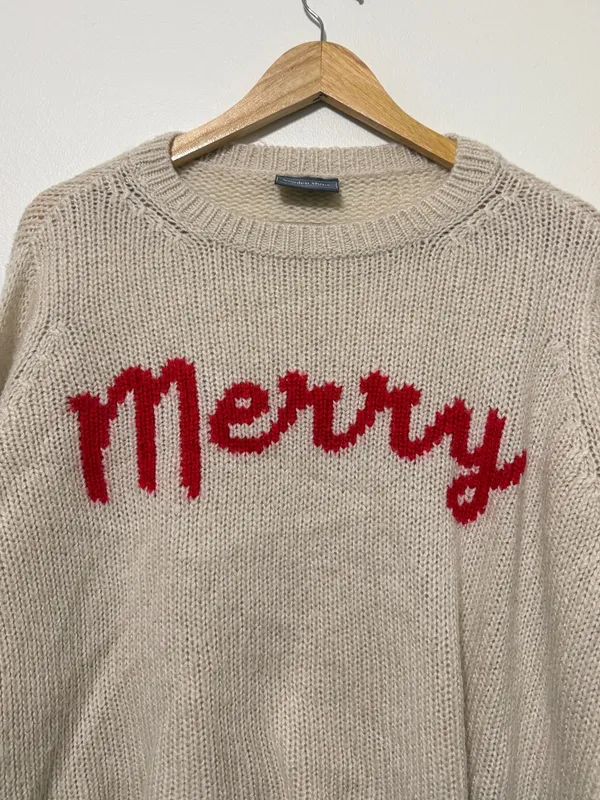 Wooden Ships Merry Sweater Small Red Festive Holiday Mohair Wool Christmas - Image 5