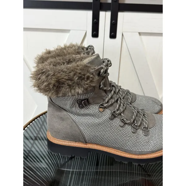 Report Women’s Size 10 Grey Combat Hiking Boots Faux Fur Collar Rhinestone Studs - Image 7