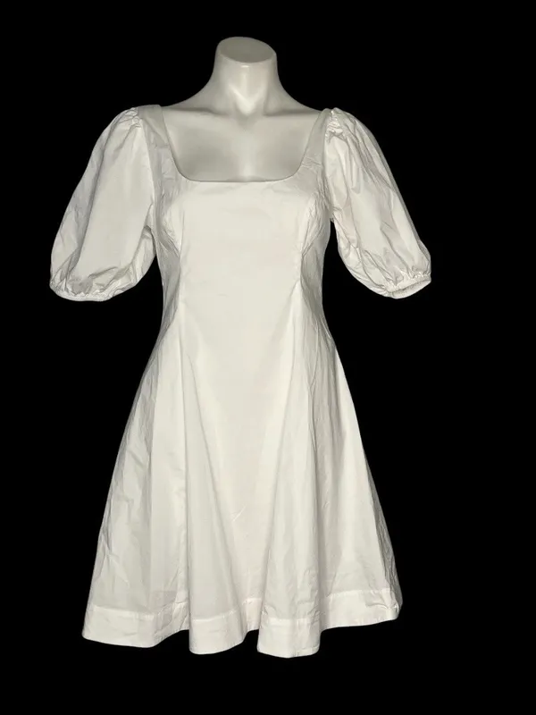 STAUD Laelia Mini Dress White Cotton Lined Puff Sleeves Size 8 - Image 5