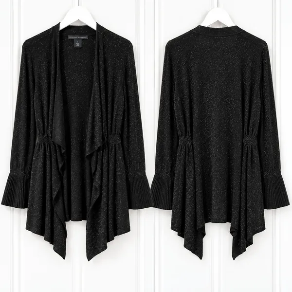 White House Black Market Cardigan L Black Sparkle Draped Bell Sleeve - Image 2
