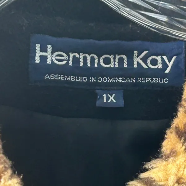 Herman Kay Vintage Black Wool Swing Coat Leopard Faux Fur Trim Plus 1X - Image 4