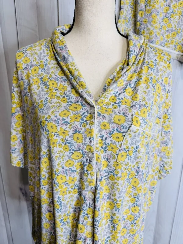 Ann Taylor Loft Sleep Pajama Top & Shorts Set Yellow Floral Sz XL Button Down - Image 2