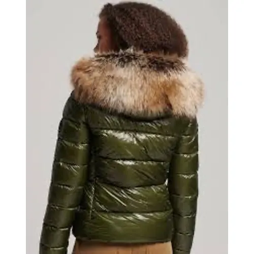 Superdry Code Sportswear High Shine Puffer Jacket Faux Fur Hood Olive Green S/10 - Image 2