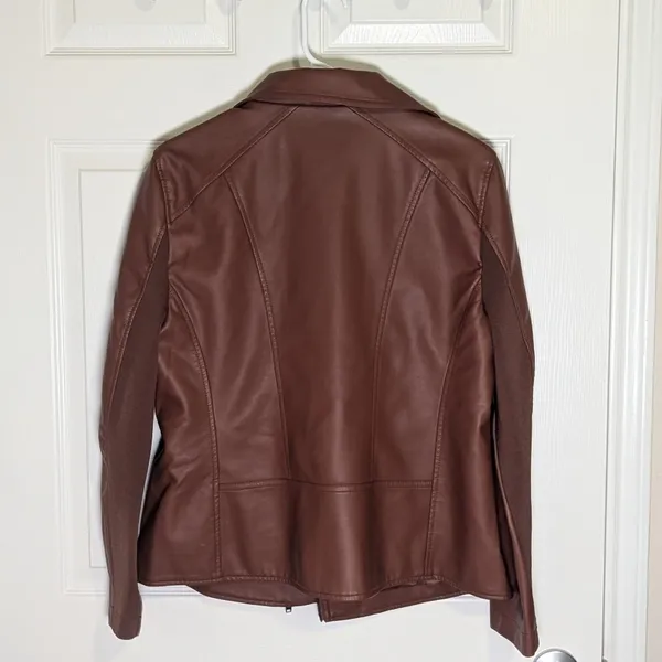 Nina Leonard Cognac Brown Faux Leather Zip Moto Jacket Women’s Medium - Image 4