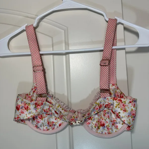 Strawberry Milk Mob Pink Floral Gingham Bikini Ruffle Wire Bra Top Young Love‎ S - Image 2