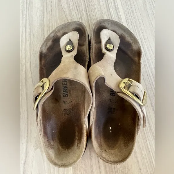 Birkenstock Tan Leather Sandals with Gold Accents - Image 2