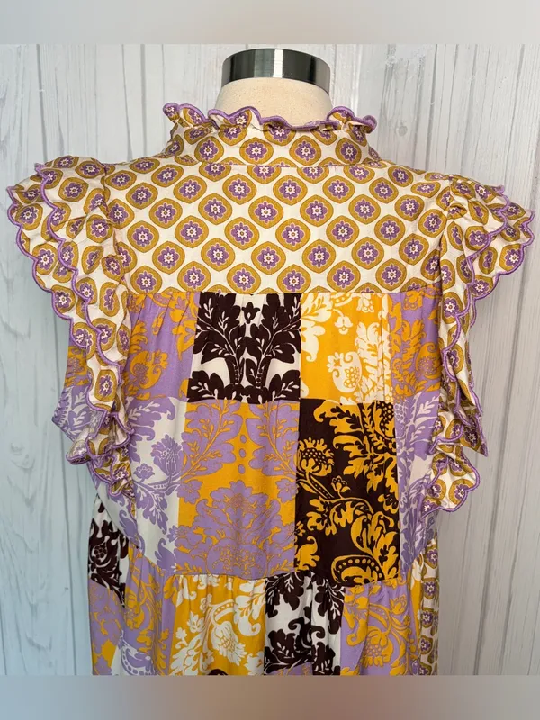 UMGEE Scarf Print Midi Shift Dress, Large, Ruffle Sleeves Boho Cottagecore - Image 10