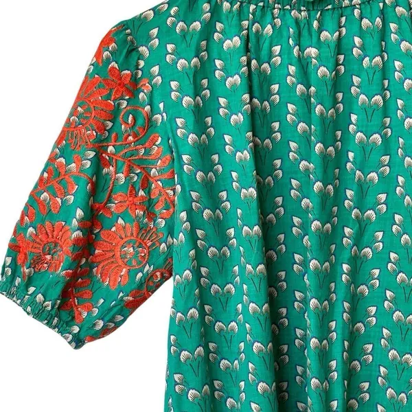 THML Verde S Mock Neck Embroidered floral Puff Sleeve Green blouse - Image 8
