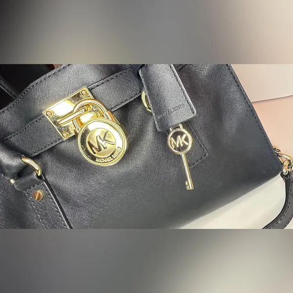 Michael Kors Hamilton Black Leather Bag, Gold-tone Hardware, Lock and Key - Image 4