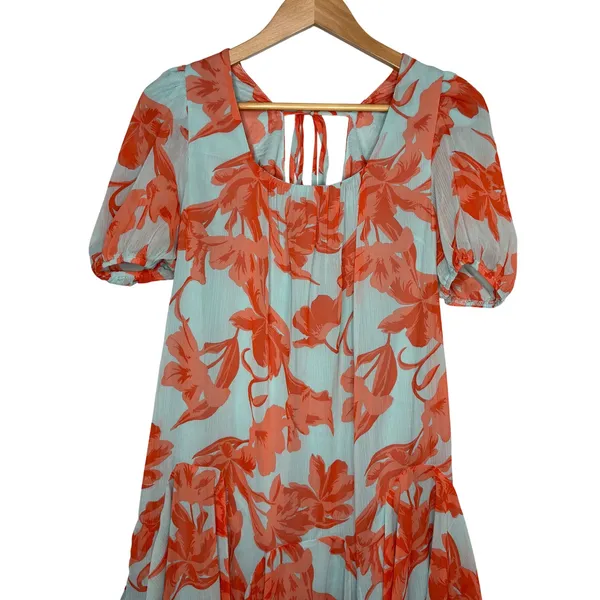 Olivaceous Floral Whimsical Boho Puff Sleeve Mini Dress Orange Blue Size Medium - Image 4