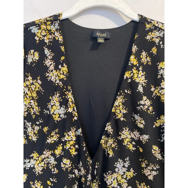 AFRM Tezza Black & Yellow Floral Ruched Mesh Midi Long Sleeves Dress Womens XS - Image 4