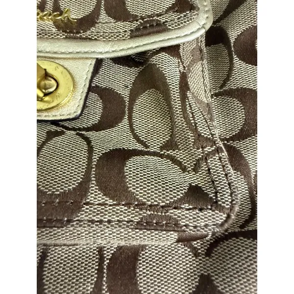 Coach Signature Canvas Crossbody Bag Brown Khaki Front Turnlock Pocket Gold Trim - Image 11