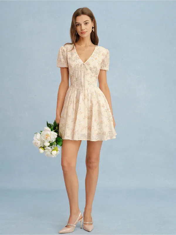 Rihoas Orange V Neck Tie Floral Mini Dress - Image 6