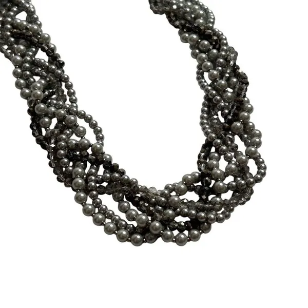 Loft Multi-Strand Gunmetal Tone‎ Necklace Simulated Pearls Rhinestones - Image 2