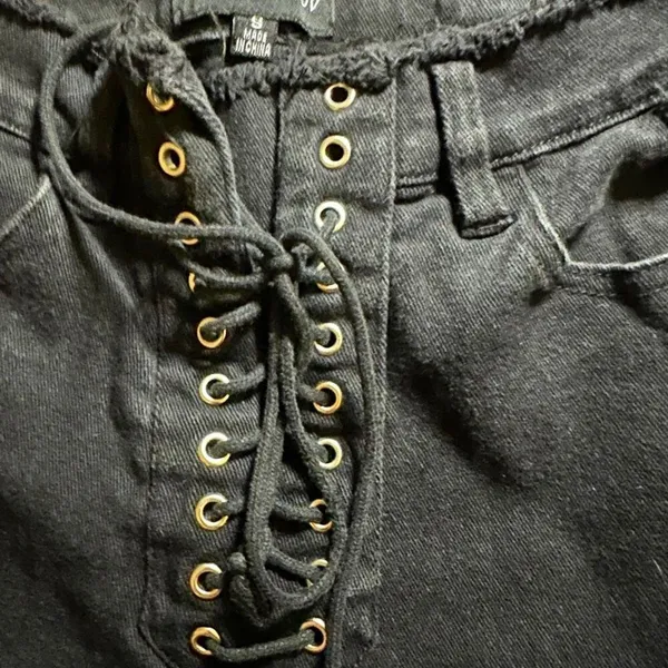 Dolls Kill Current Mood Stitch Lace-Up Patchwork Jeans black stretch denim s got - Image 8