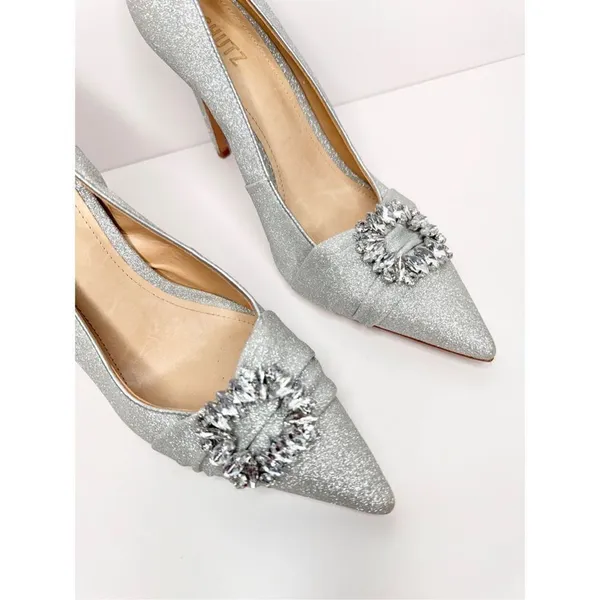 SCHUTZ Pumps‎ Womens Size 10 Embellished Silver Pointed Toe Heels - Image 7