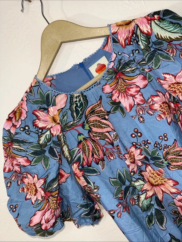 FARM Rio Blue Floral Puff Sleeve Belted Mini Dress Size S - Image 4