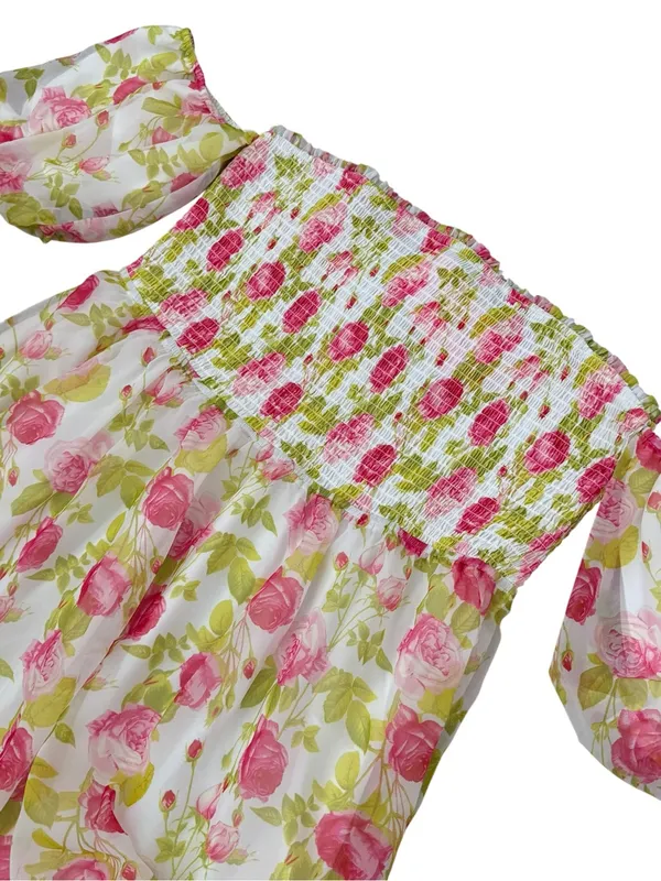 Betsey Johnson Women's Floral Off the Sleeve Smocked Chiffon Babydoll Dress XL - Image 6
