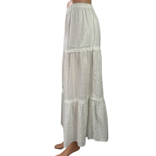 Roxy Womens White Elastic Waist Tiered Lace Trim Maxi Boho A-Line Skirt Sz XS/6 - Image 2
