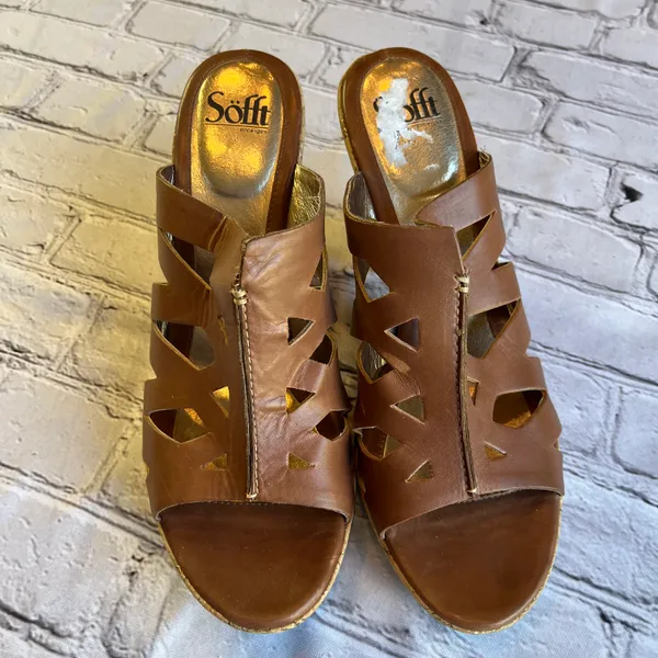 Sofft Brown Leather Cut Out Design Sandals Heels Cork Natural Size 11 Artsy Boho - Image 10