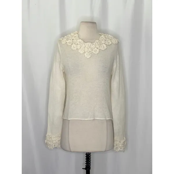 ZARA Alpaca Wool Ecru Crochet Flower Applique Sweater Blogger Favorite Small - Image 2