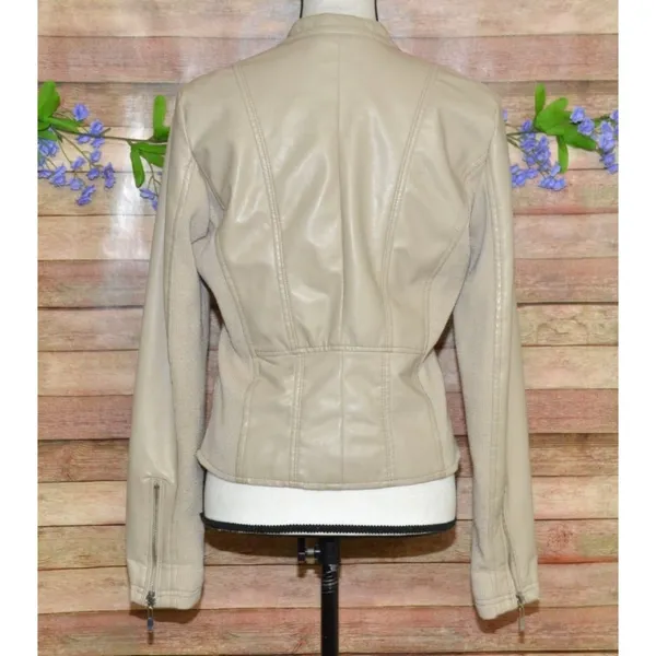 Therapy Faux Leather Moto Jacket Tan Stretch Panels Women’s Size S Zip Pockets - Image 7