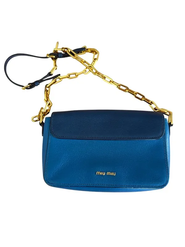 MIU MIU Blue Leather Madras Two Tone Chain Crossbody Bag - Image 8