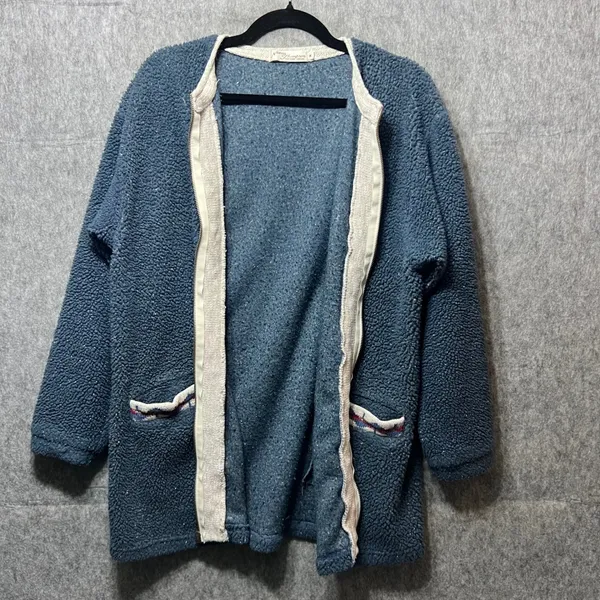 Vintage Norm Thompson Fleece Fill Zip Cardigan‎ Aztec Trim Pockets Cozy Blue M - Image 7
