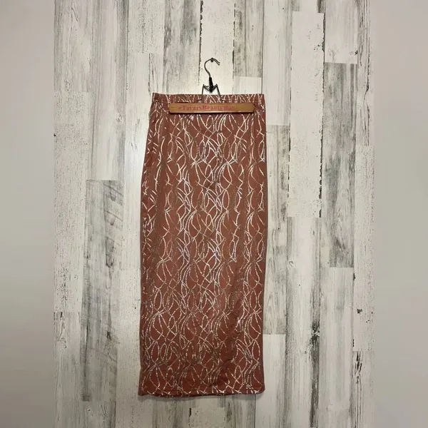 Brown Printed Two Piece Skirt Set Medium | Strapless Tube Top & Midi Skirt - Image 6