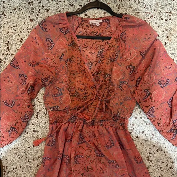 Boemo Anthropologie Revolve Maxi Dress Coral Pink Sz M Ruffle Tiered Long Sleeve - Image 4