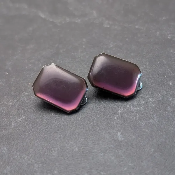 Vintage Clip On Earrings Dark Purple / Plum Tone Stylish Retro - Fair Condition - Image 2