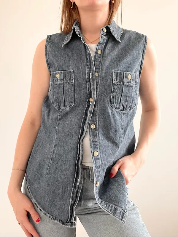 Vintage At Last Denim Button-Front Sleeveless Top - Image 3