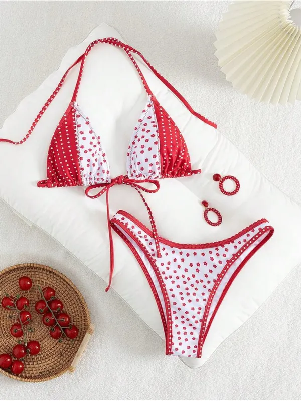 NEW Red White Floral Polka Dot Colorblock Tie Front Triangle Swimwear Bikini Set - Image 2