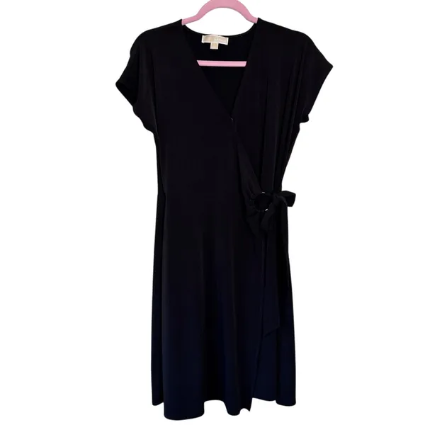 Michael Kors Black Mini Wrap Dress Womens L Casual LBD Classic Closet Staple - Image 2
