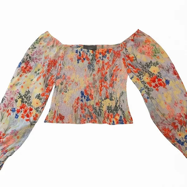 Anthropologie Rouen Floral Smocked Blouse Small Sheer Puff Sleeve Crop Top Boho - Image 7