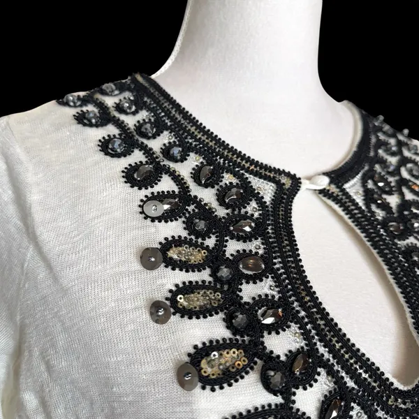 Vintage Y2K INC Linen Beaded Embroidered Top Sz M Whimsigoth Fairy Grunge Black - Image 4