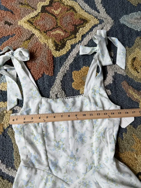 Altar'd State White & Light‎ Blue Floral Tie-Shoulder Romper - Image 4