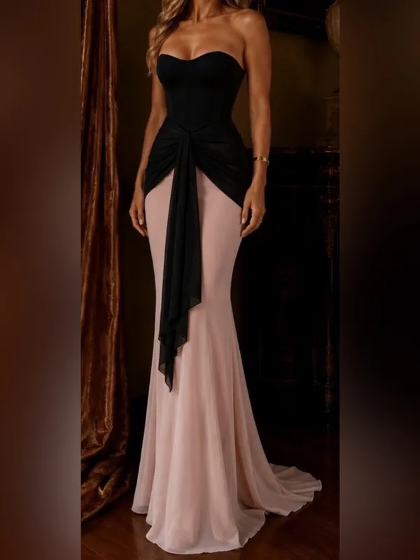 NEW House of CB CLARA Black and Blush Chiffon Strapless Maxi Dress Size S - Image 4